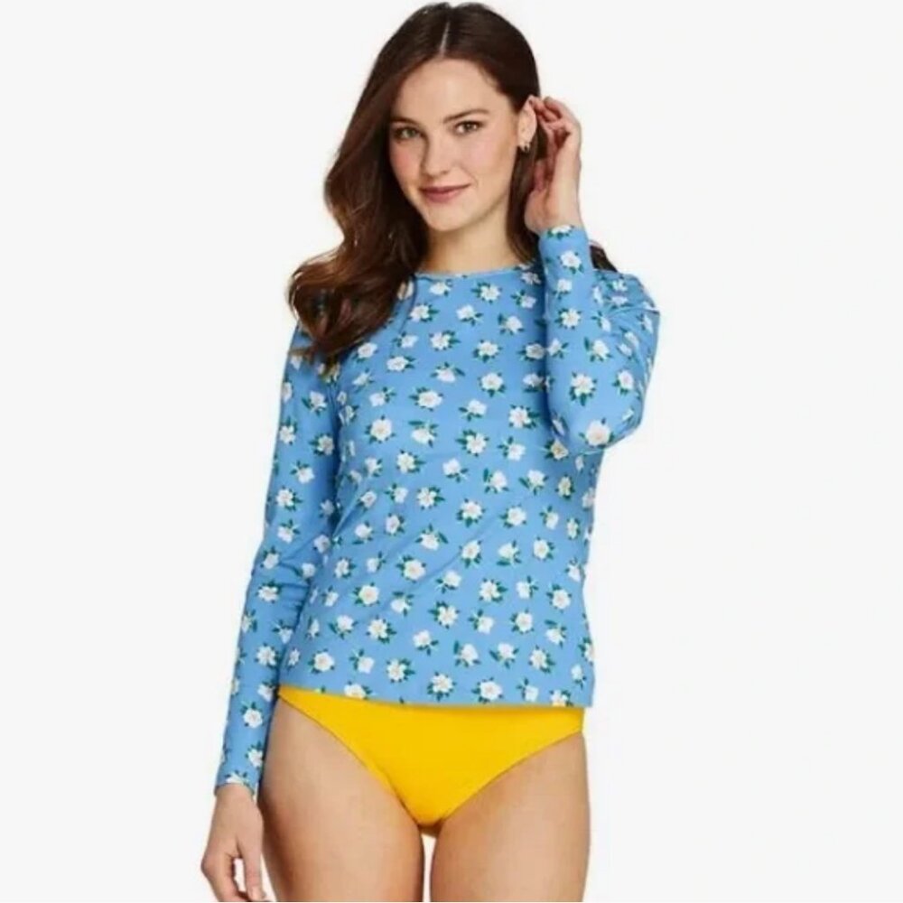 Lands' End Blue Floral Long Sleeve Rash Guard with Yellow Bikini Bottoms